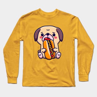 Cute Pug Dog Eating a Hot Dog - Kawaii Pug - Fun Puppy - Look at Those Eyes Long Sleeve T-Shirt